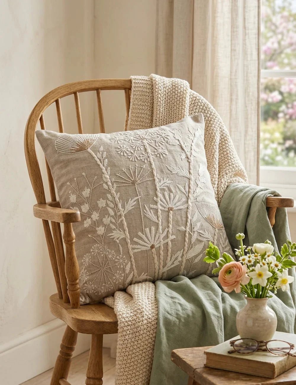 Wohnung gemütlicher machen: Kissen auf Stuhl am Fenster