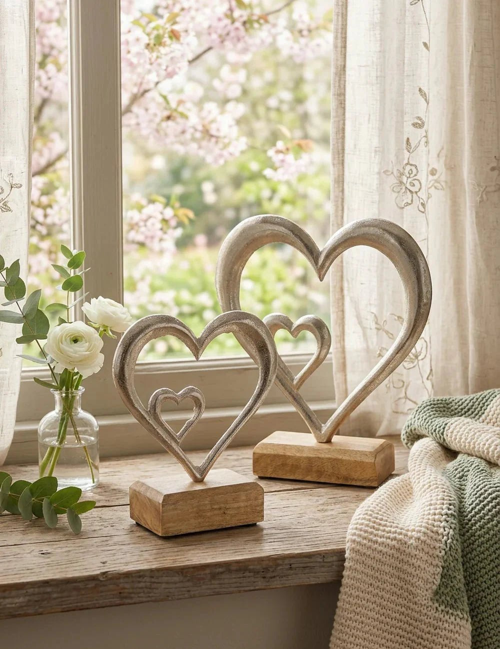 Mangoholz Deko auf der Fensterbank mit Blumen und Stricktuch