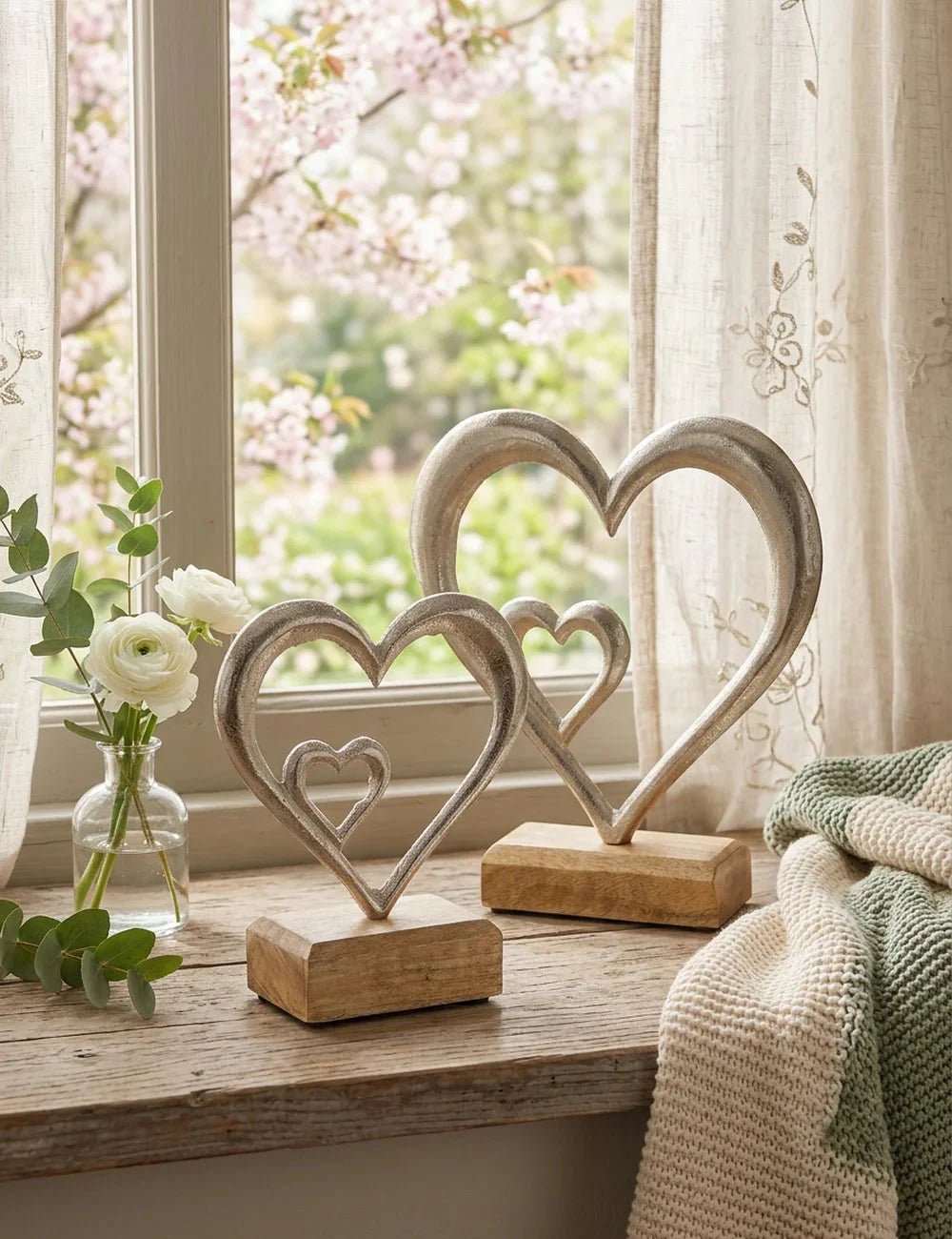 Mangoholz Deko auf der Fensterbank mit Blumen und Stricktuch