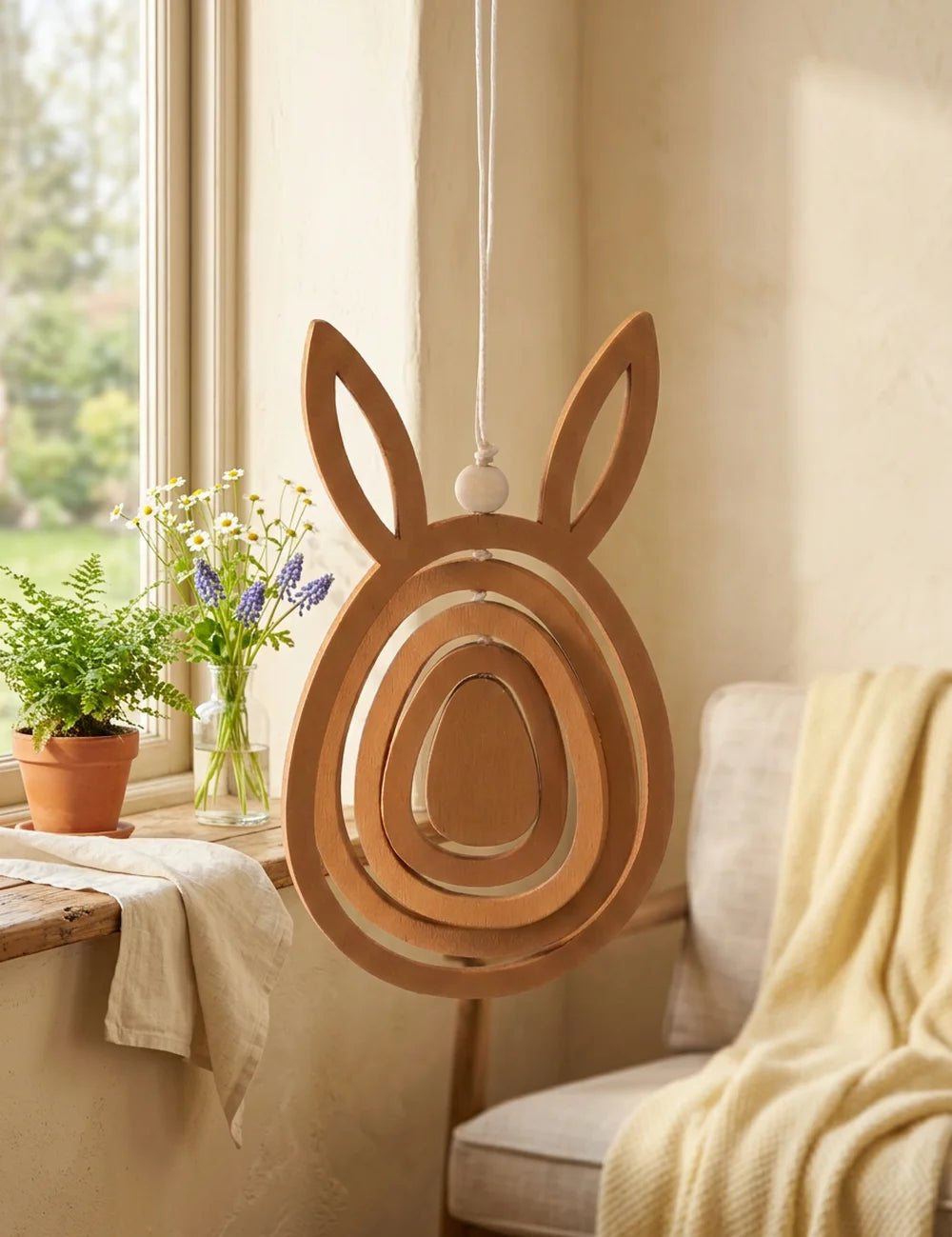 Bouncer-Hasenanhänger am Fenster mit Frühlingsblumen, Terracotta-Topf und gelber Decke