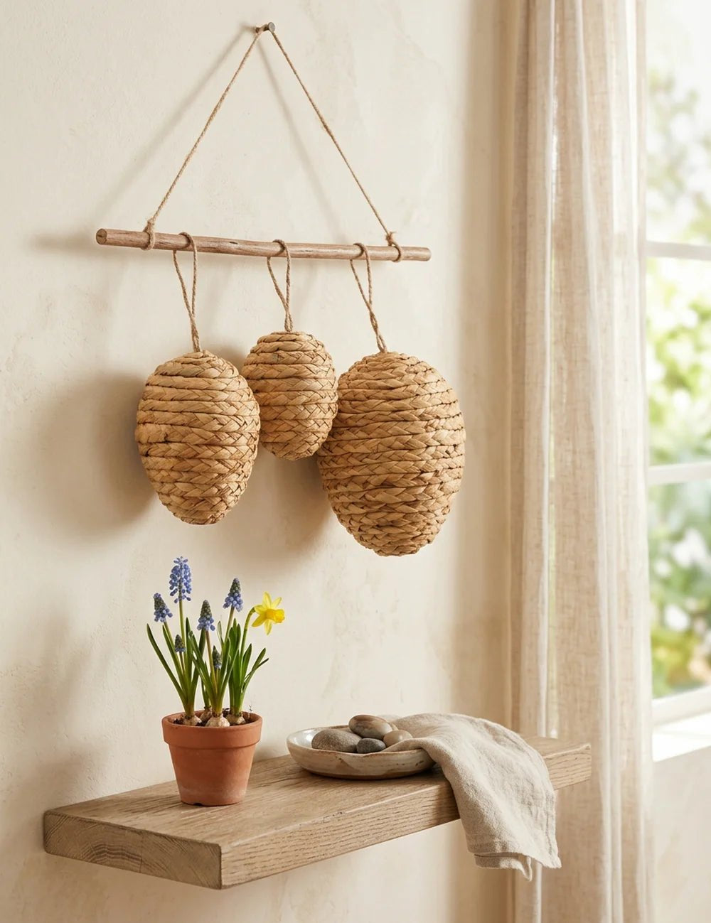 Deko-Anhänger Embla aus geflochtener Wasserhyazinthe an Holzstab mit Blumen