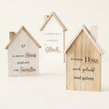 Aufsteller Haus aus Blauglockenbaum-Holz in Natur und Weiß, H 25 cm