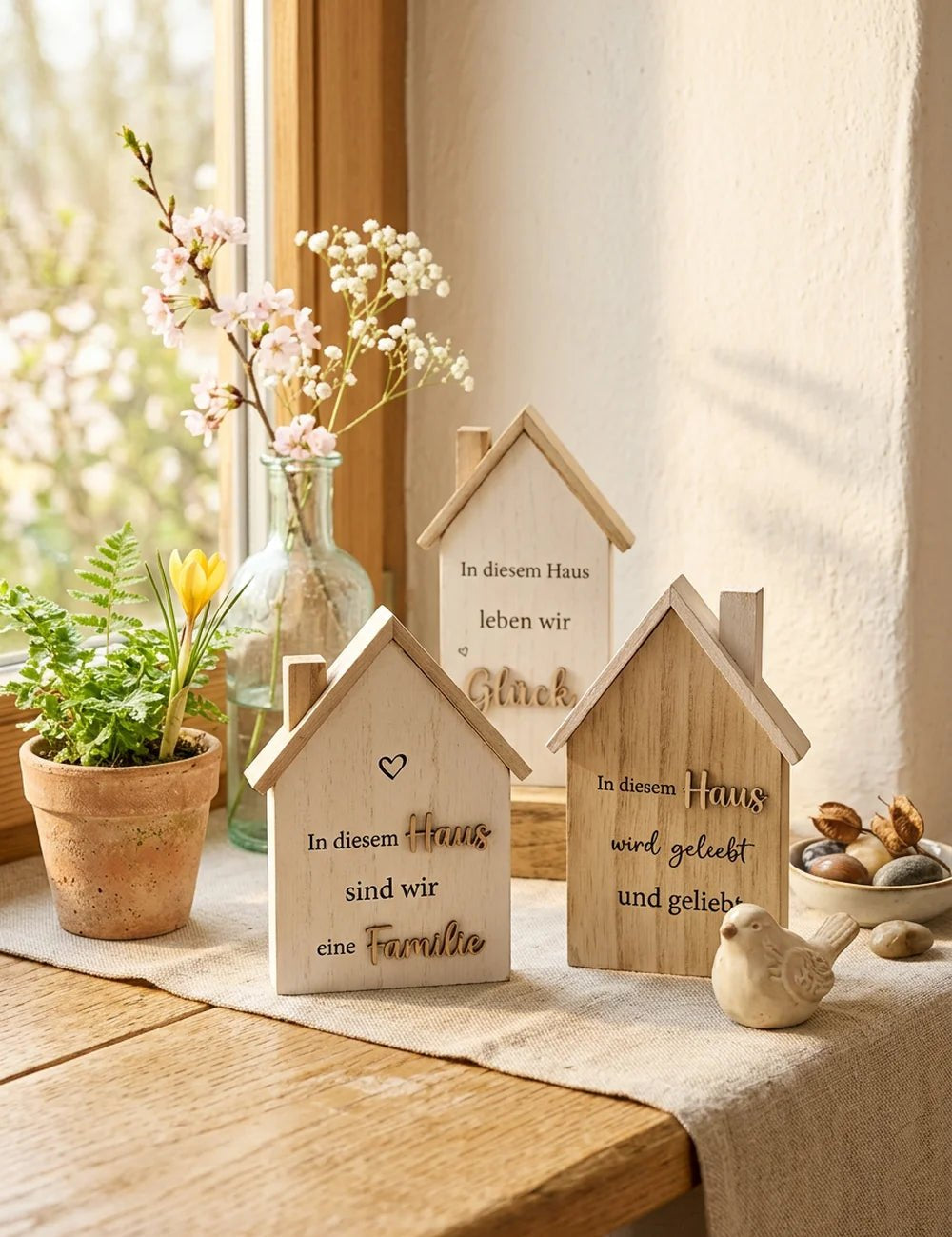 Aufsteller Haus alle drei Spruch-Varianten aus Blauglockenbaum