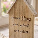 Aufsteller Haus Nahaufnahme der Holzstruktur und Bedruckung