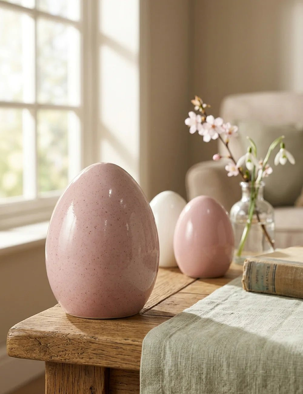 Aufsteller Mylana Eier auf Holztisch mit Glasvase und Leinentischläufer