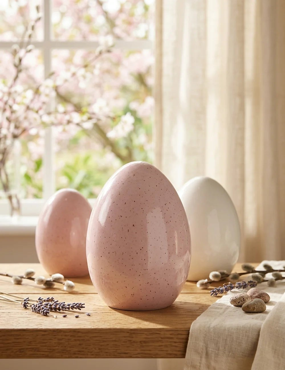 Aufsteller Mylana Porzellan-Eier in Rosa und Weiß mit gesprenkelter Glasur