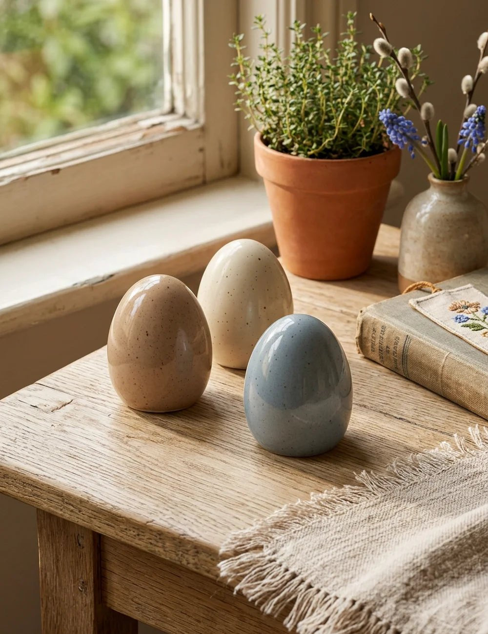 Keramik-Eier Mylana auf Eichen-Beistelltisch mit Leinenläufer, Kräutertopf und Weidenkätzchen