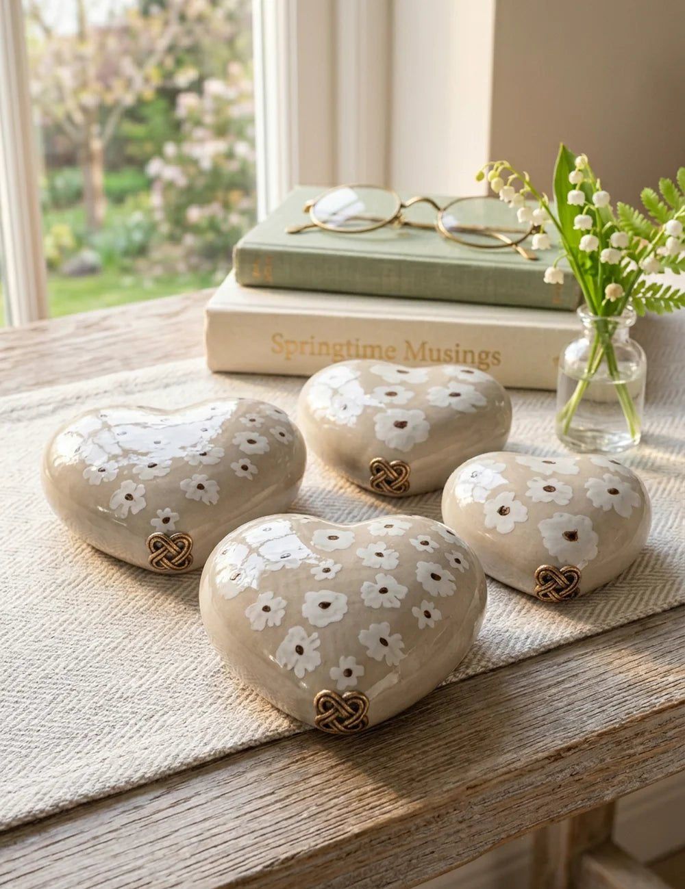 Canea Keramikherzen in Beige und Cremeweiß als Gruppenarrangement