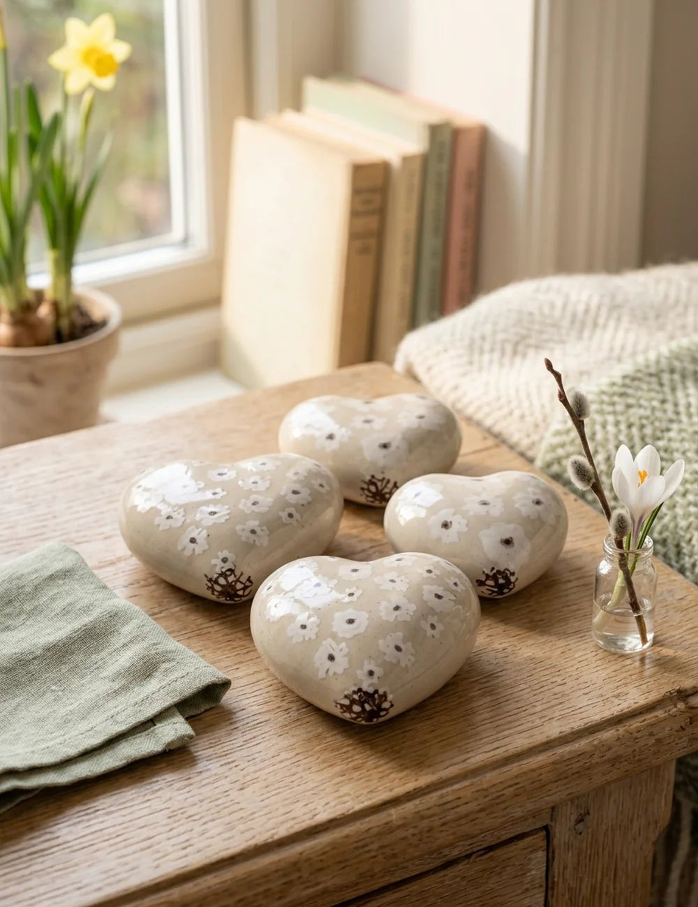 Keramik-Herz Canea im Shabby-Chic-Look dekoriert auf Holztisch