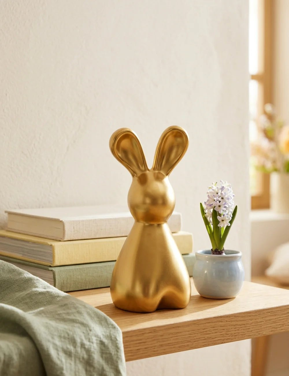 Daggy-Hase in Gold auf hellem Holztisch mit Pastellbüchern, Hyazinthe und Leinentuch
