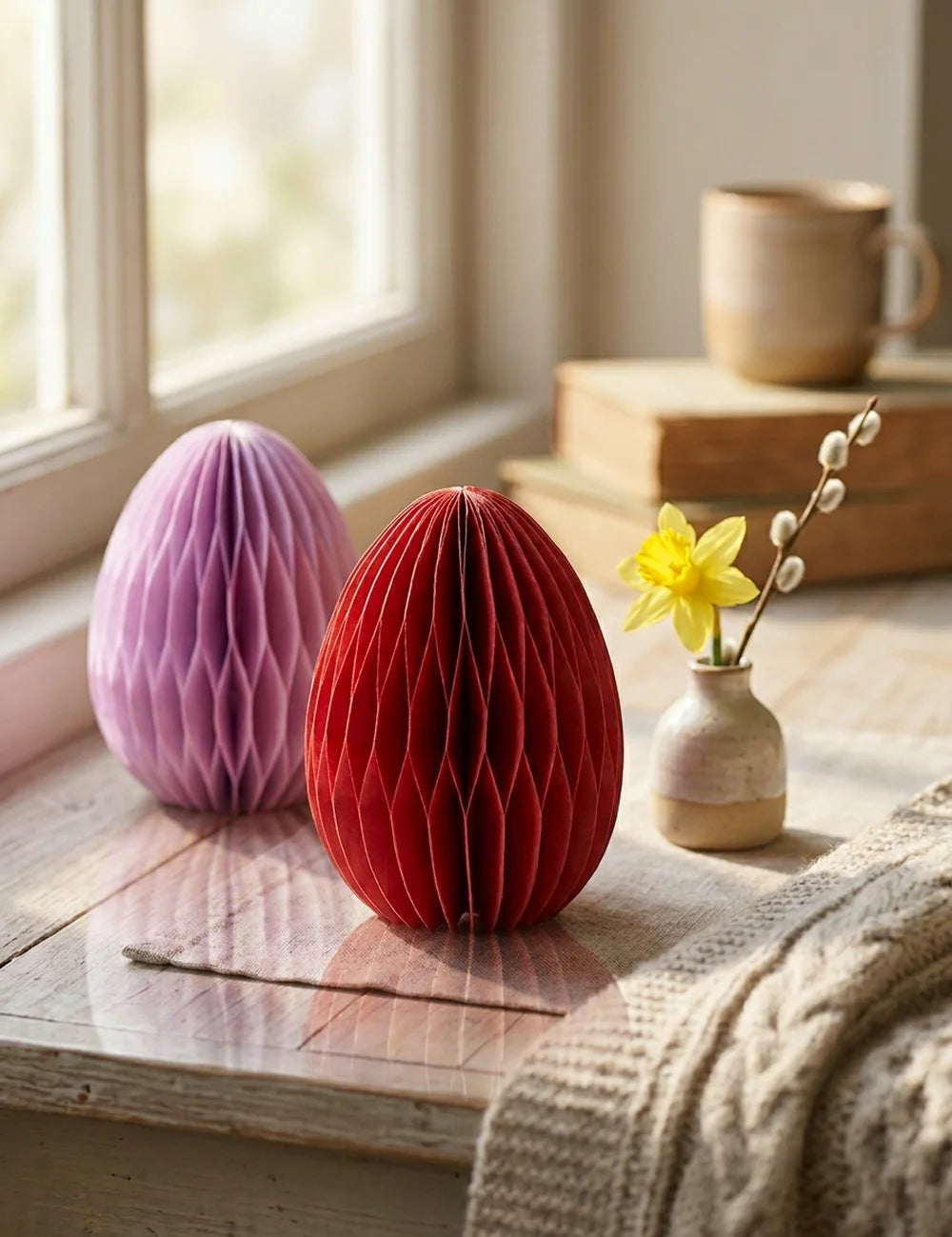 Rosa und rotes Waben-Ei auf Holz-Fensterbank mit Narzisse in Keramikvase und Weidenkätzchen