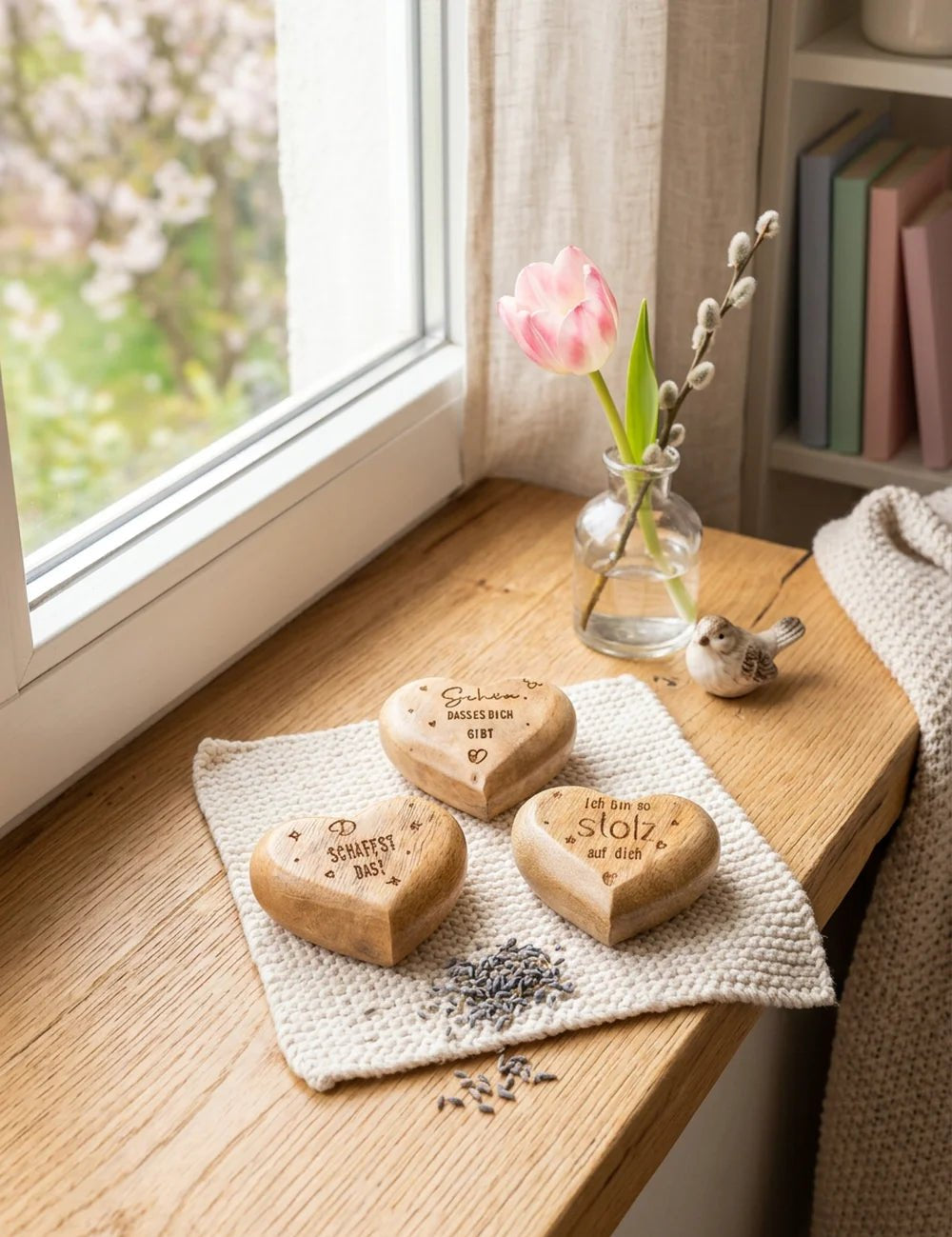 Herzy Mangoholz-Herz dekoriert auf Holztisch im Wohnambiente