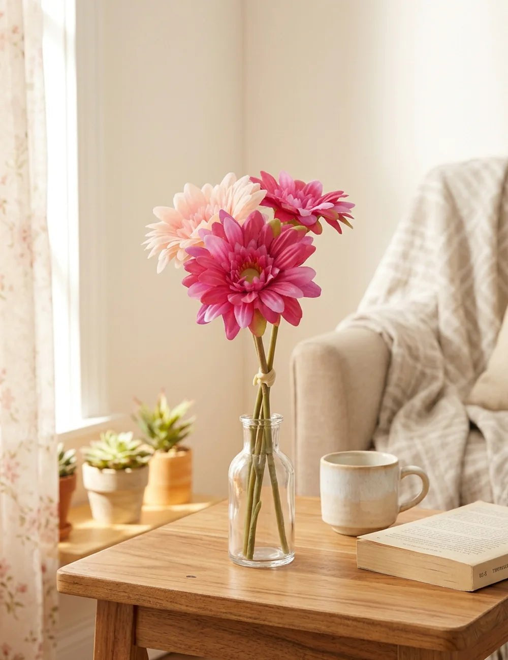 Dekostrauß Gerbera Pink in modernem Wohnzimmer-Setting