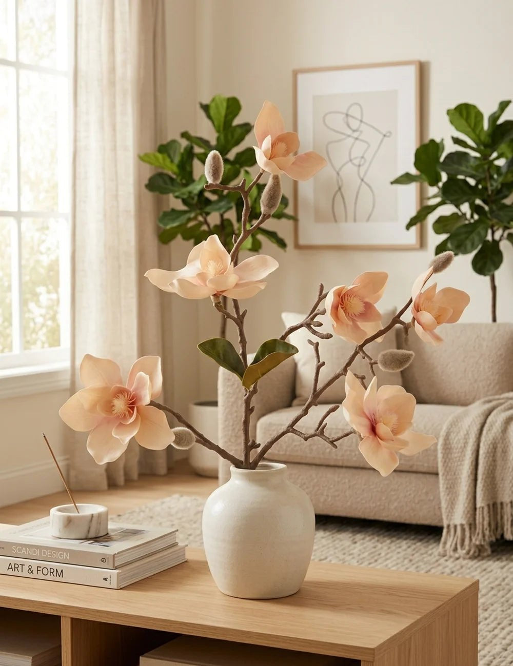 Dekozweig Magnolie Creme – dekoriert im Wohnambiente
