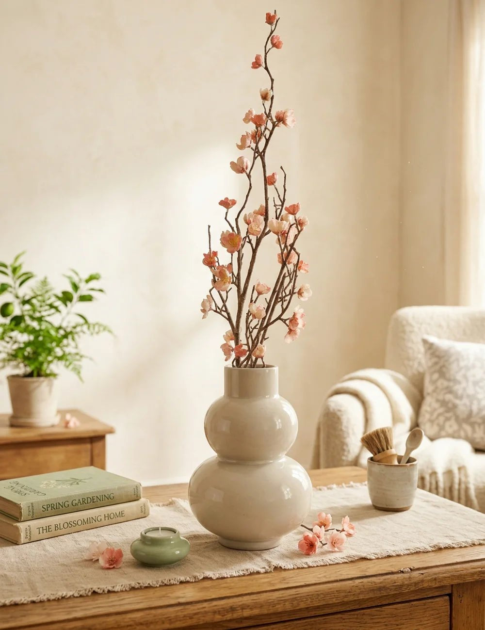 Dekozweig Pfirsichblüte rosa in Keramikvase auf Holztisch mit Büchern und Teelicht