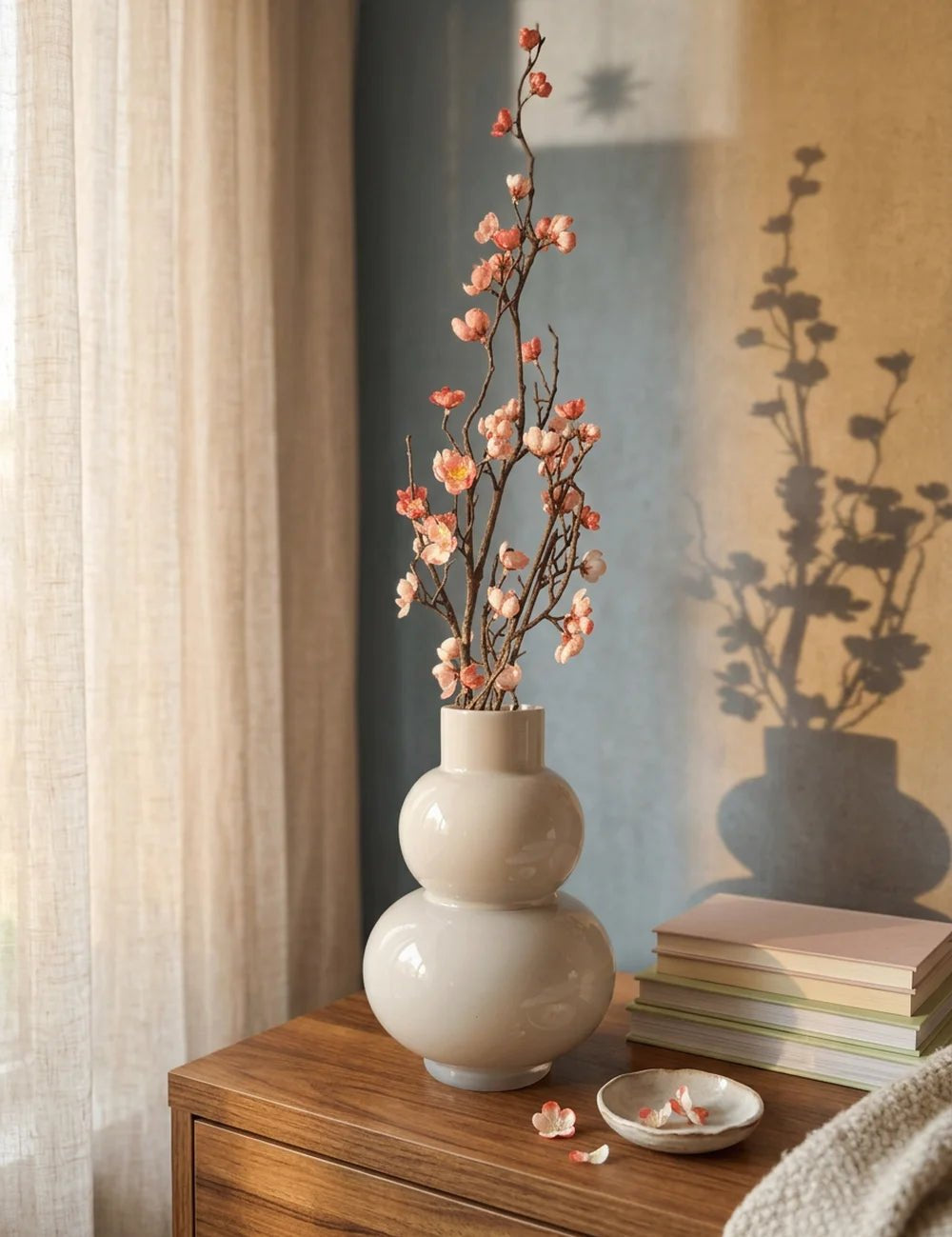 Pfirsichblütenzweig auf Holzkommode mit Blütenschatten an blaugrüner Wand