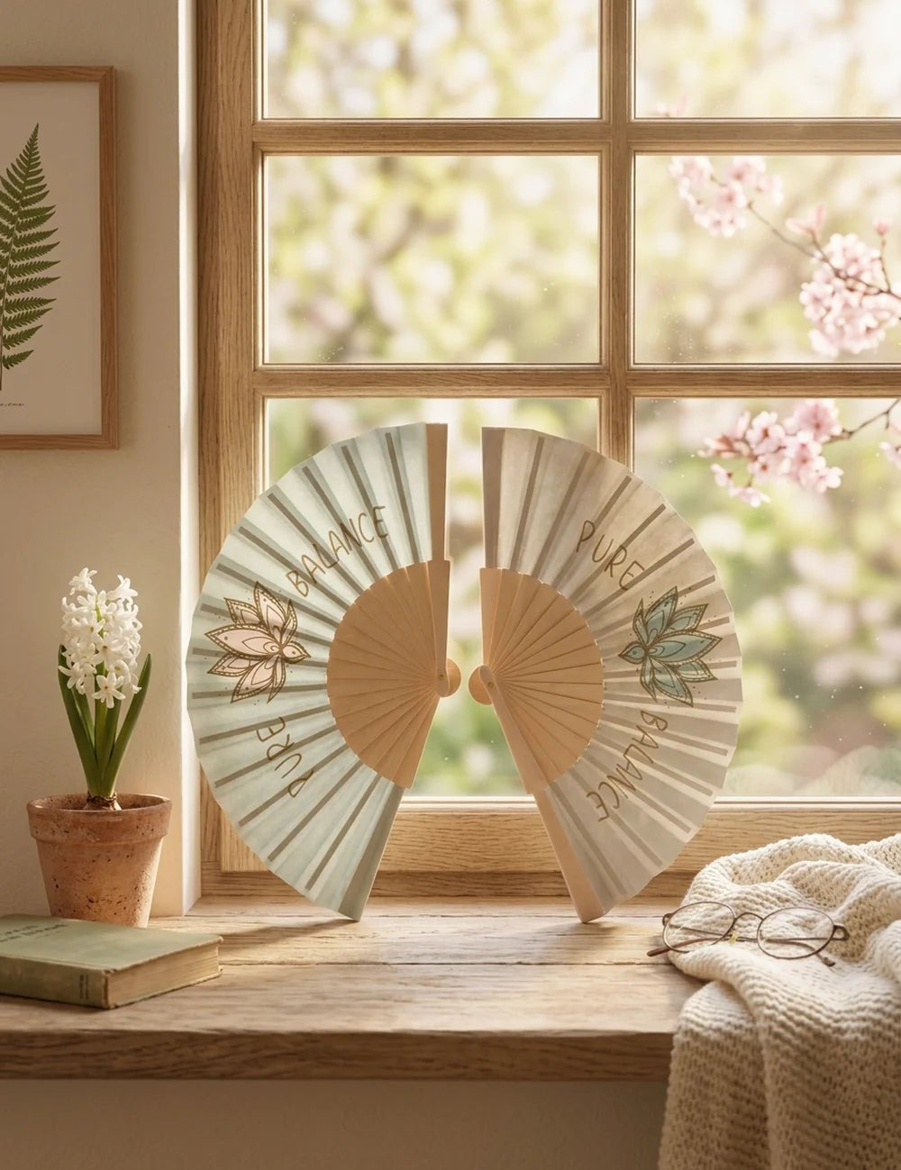 Dekofächer Bali auf Vintage-Fensterbank mit weißer Hyazinthe und Gartenblick durchs Fenster