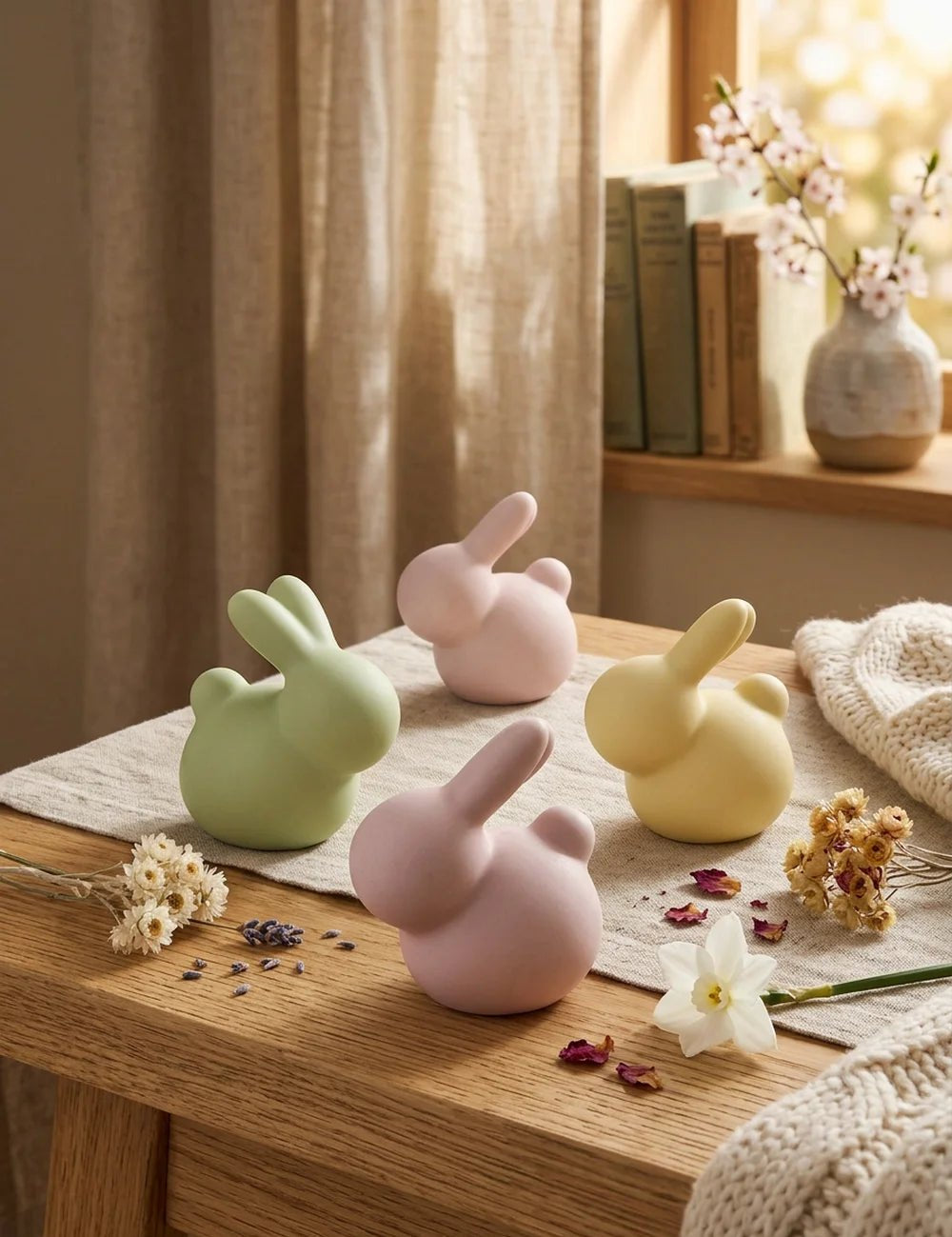 Keramikhasen Hopsy auf Leinenläufer mit Trockenblumen, Narzissen und Kirschblüten am Fenster