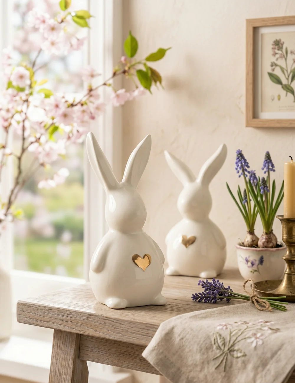 Zwei Jeppe-Hasen auf Holztisch mit Kirschblüten, Traubenhyazinthen und Messingkerzenhalter