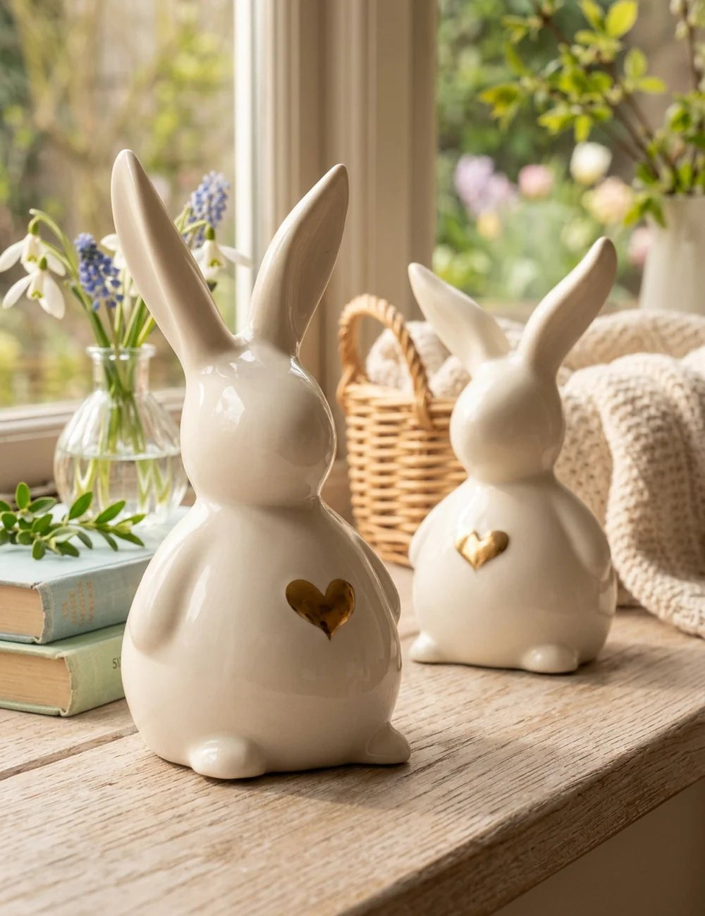 Jeppe-Hasen auf Fensterbank mit Schneeglöckchen, Traubenhyazinthen und Weidenkorb