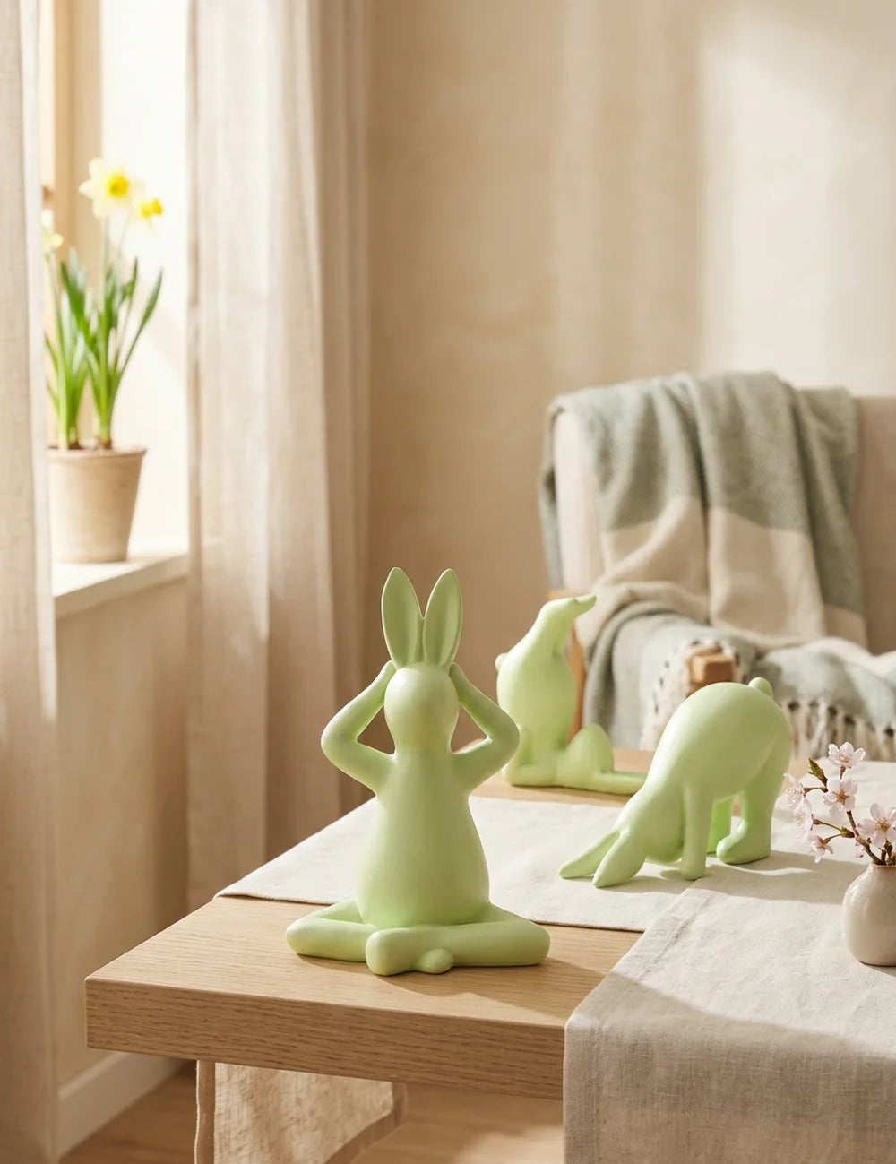 Drei Yoga-Hasen auf Leinenläufer mit Narzissen, Karodecke und Kirschblütenvase im Landhausstil