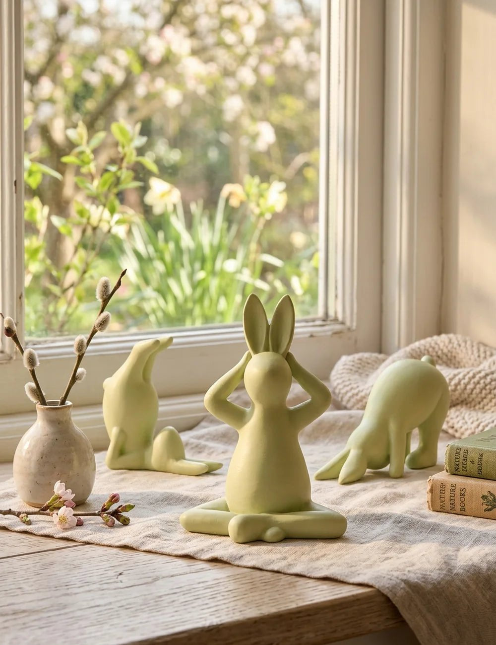 Yoga-Hasen in Salbeigrün auf Fensterbank mit Weidenkätzchen, Vintage-Büchern und Kirschblüten