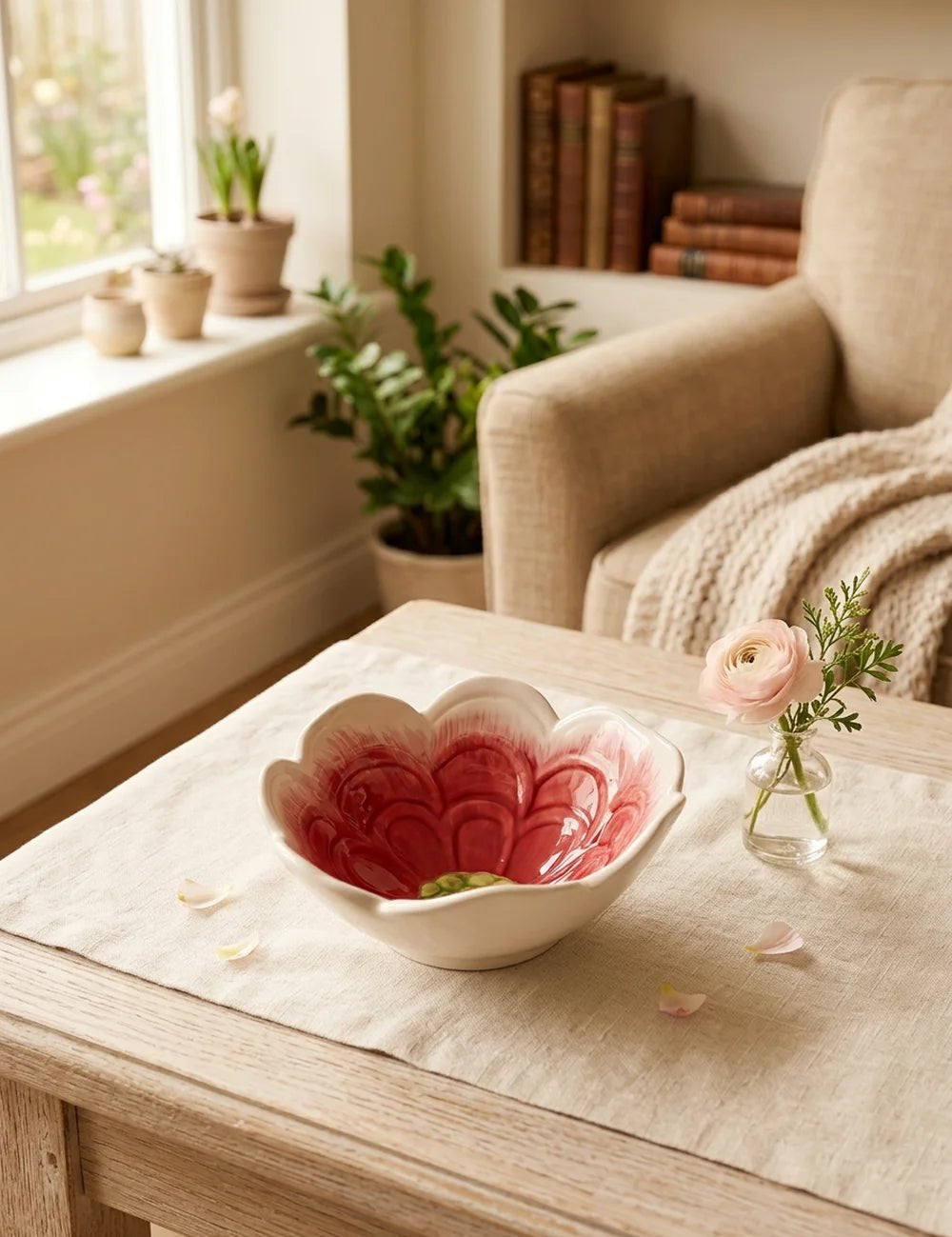 Flower Schale Rosa groß – dekoriert im Wohnambiente