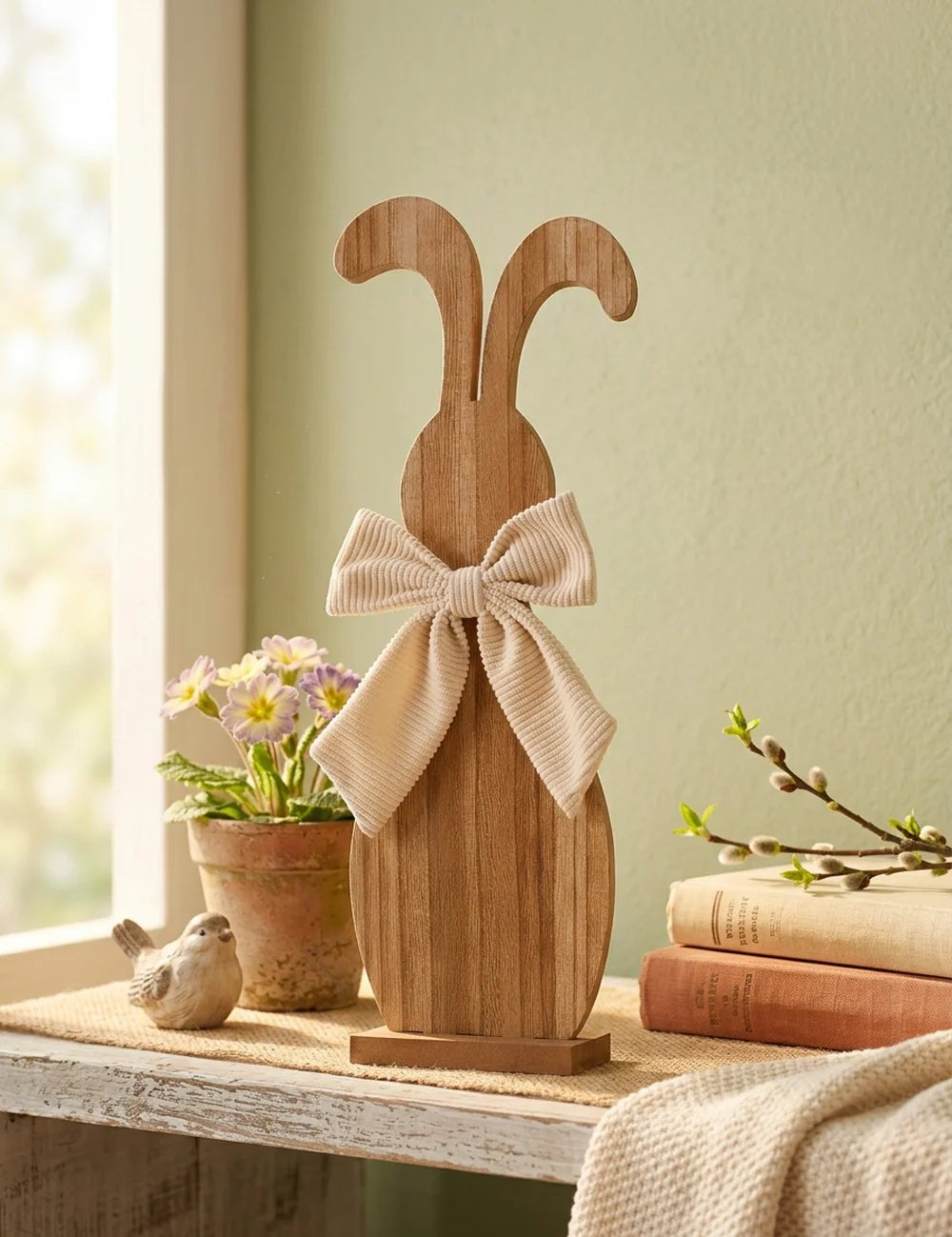 Deko-Hase Bernado auf Holzregal neben Primeln und Weidenkätzchen