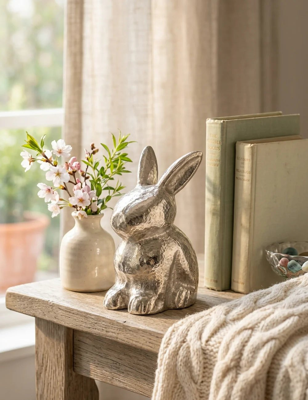 Silberne Hasenfigur Josi auf Holztisch neben Blütenzweigen und Büchern