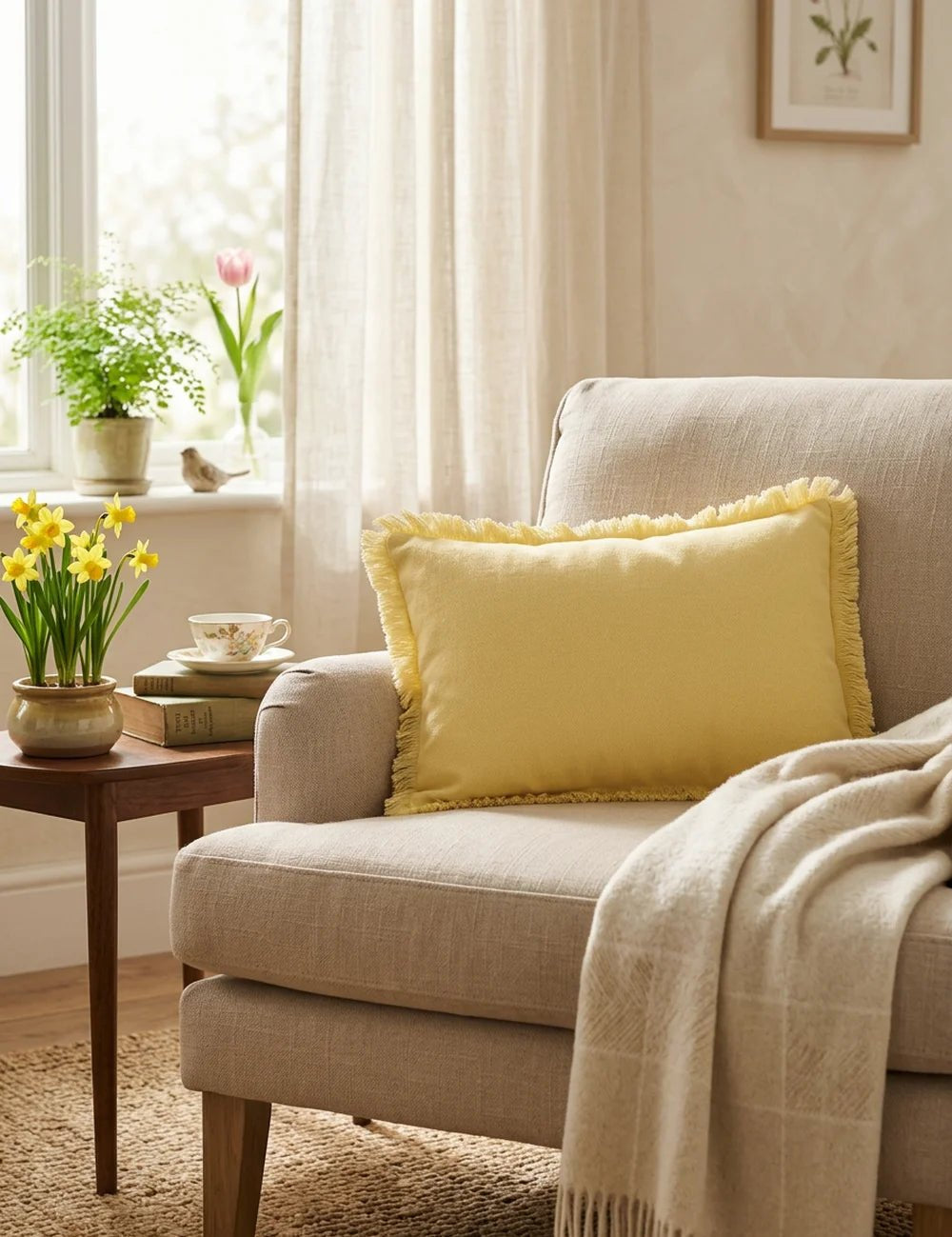 Kissen Lenea Hellgelb – dekoriert im Wohnambiente