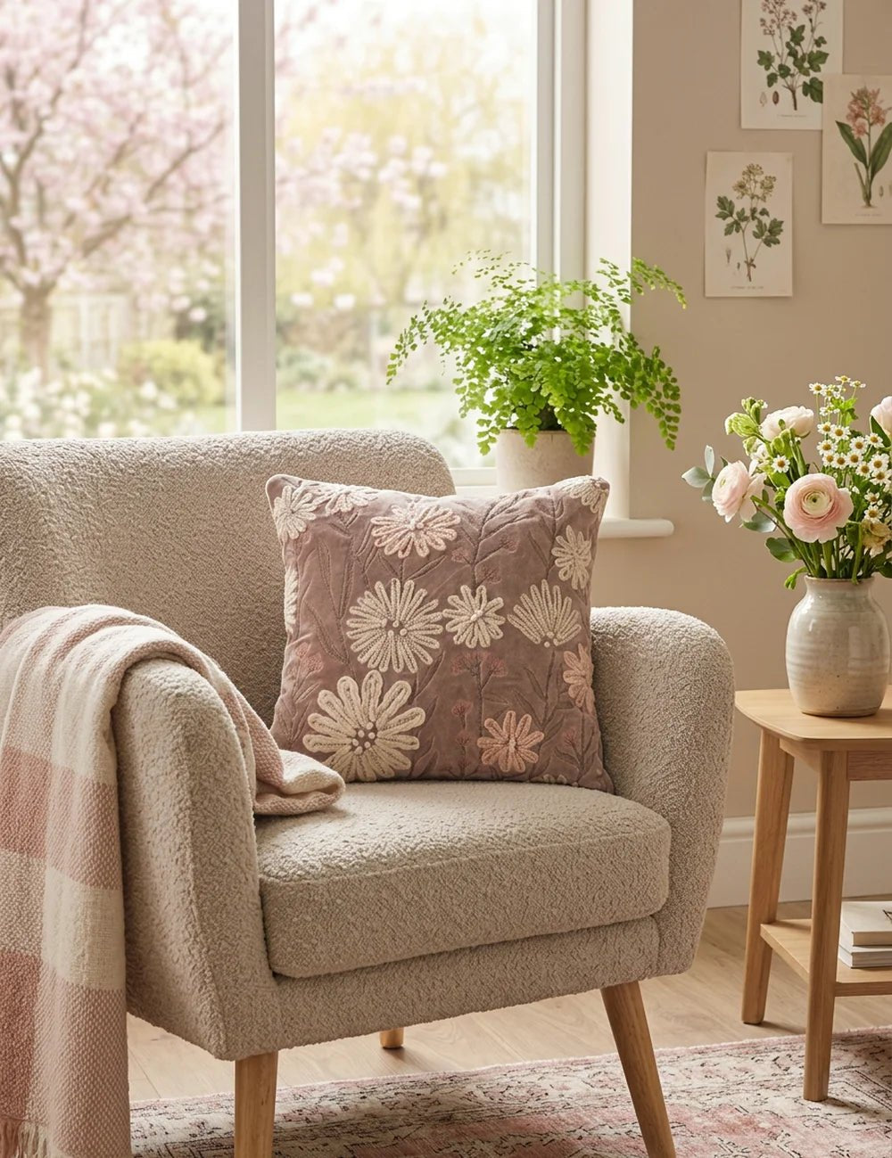 Kissen Peline auf Bouclé-Sessel mit Strickdecke neben Kirschblüten am Fenster