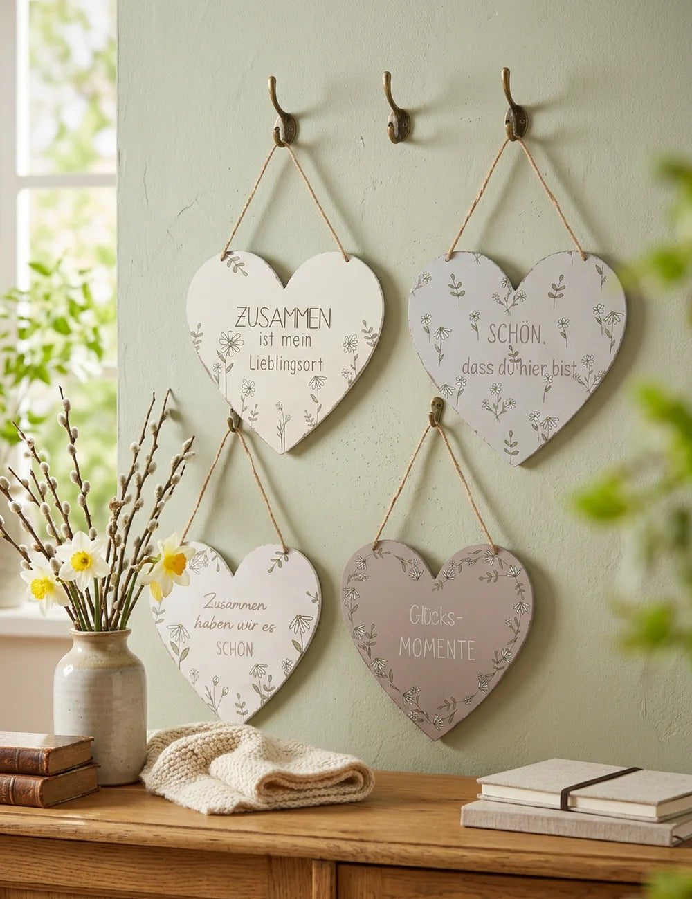 Schild Kamille Herz – dekoriert im Wohnambiente