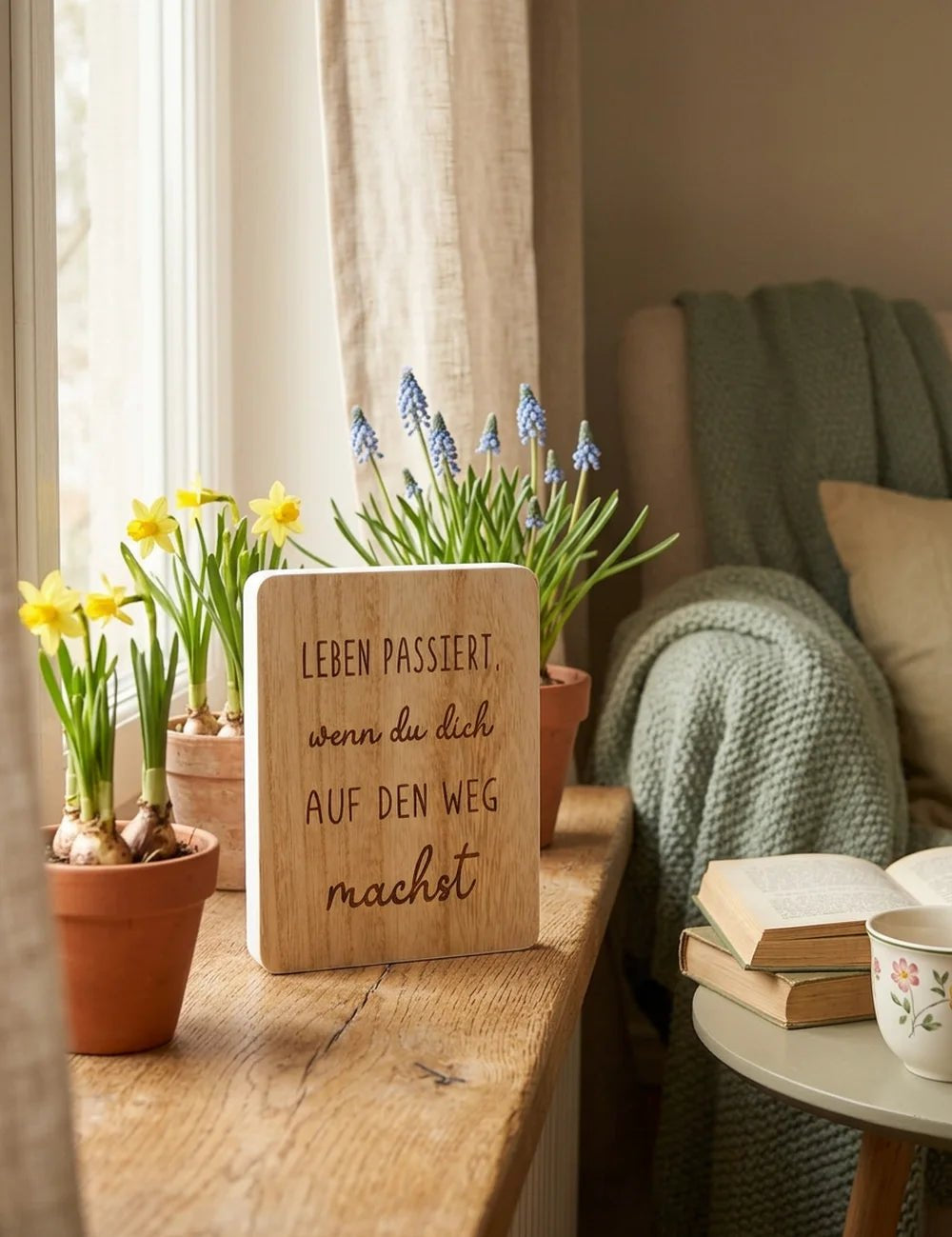 Schild "Momente" – dekoriert im Wohnambiente