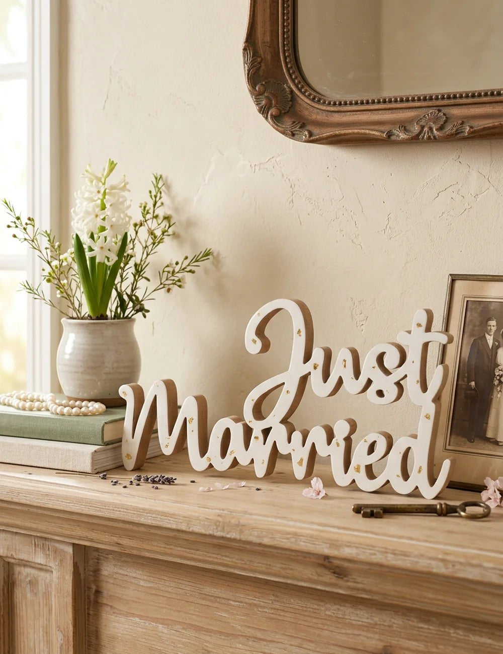 Schriftzug Just Married – in Gruppenarrangement dekoriert