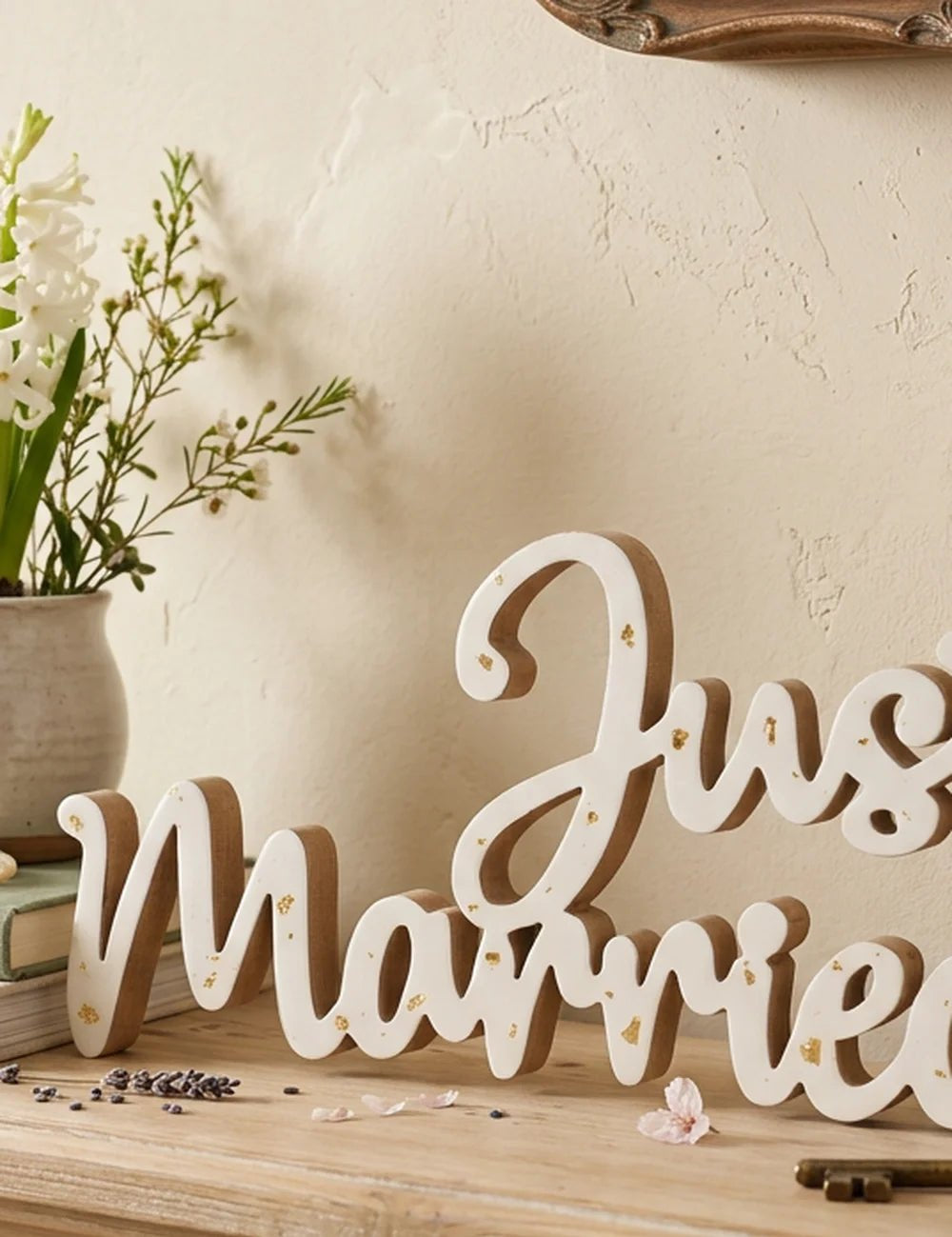 Schriftzug Just Married – Ansicht von der Seite