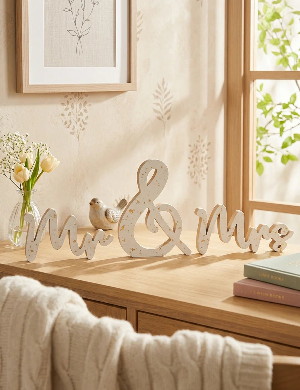 Schriftzug Mr. & Mrs. – in Gruppenarrangement dekoriert