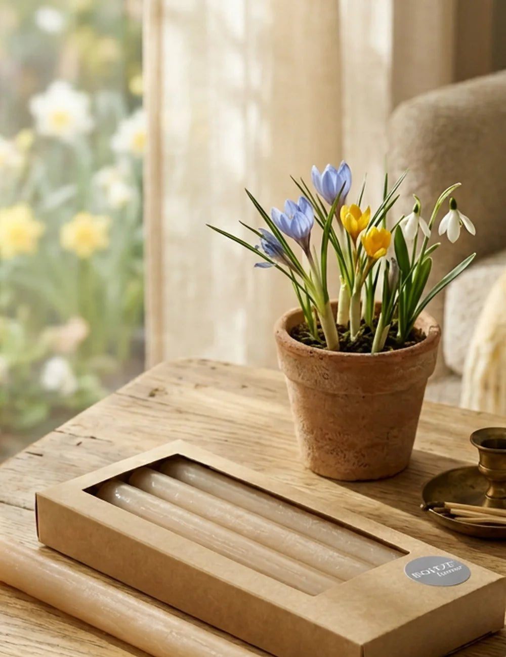 Stabkerzen Melia Beige Draufsicht in geöffneter Verpackung mit Frühlingsblumen
