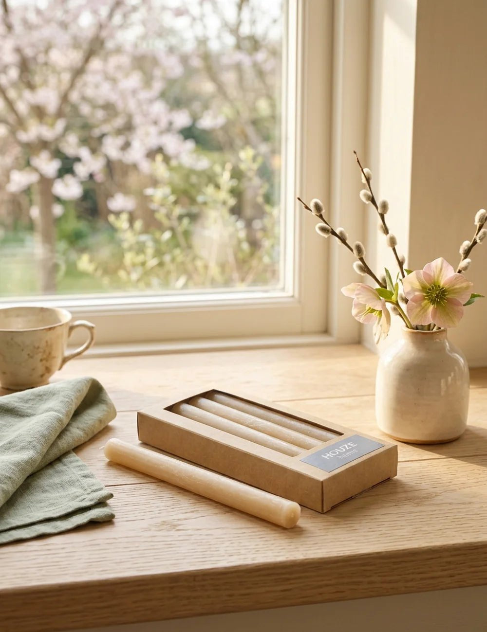 Stabkerzen Melia Beige in Box neben Weidenkätzchen und Christrosen