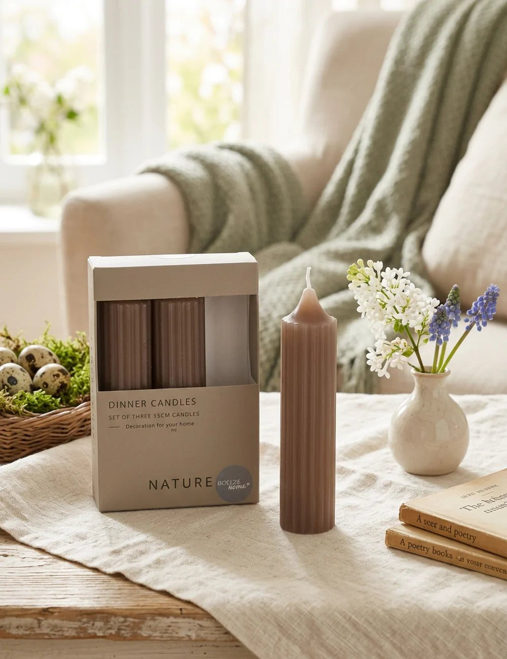 Stabkerze Riffly 3-tlg. H=15 cm – dekoriert im Wohnambiente