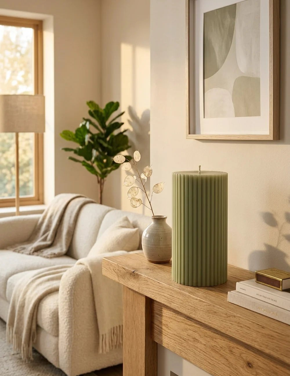 Stumpenkerze Classic Grün – dekoriert im Wohnambiente