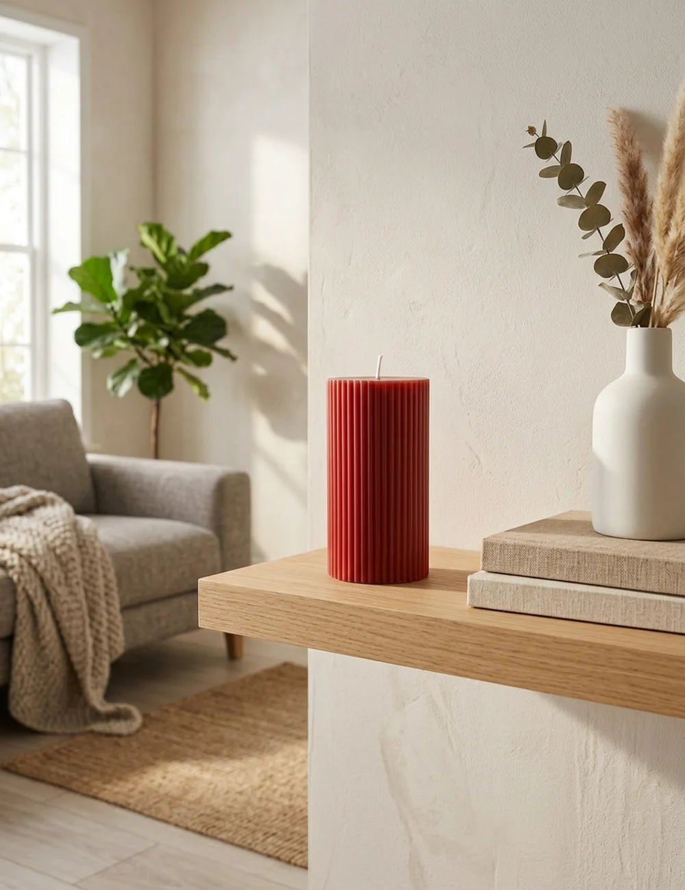 Stumpenkerze Classic Rot – dekoriert im Wohnambiente
