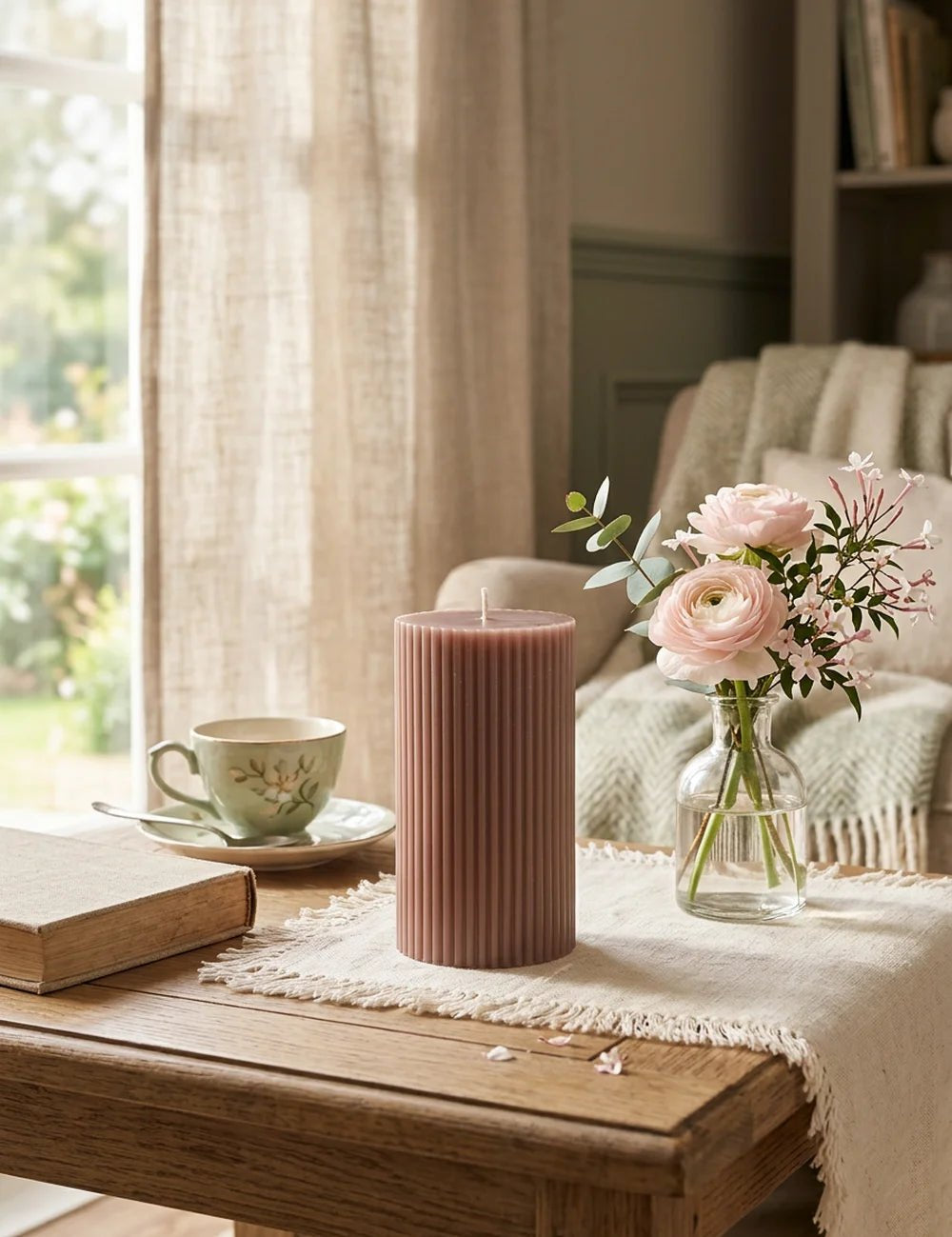 Stumpenkerze Classic taupe – in Gruppenarrangement dekoriert