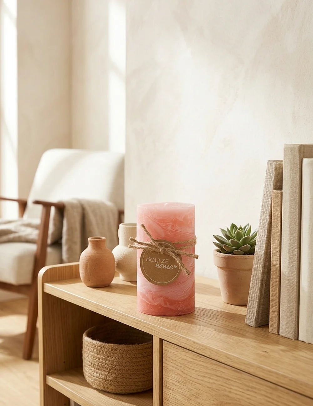 Stumpenkerze Gradienta Pink – in Gruppenarrangement dekoriert