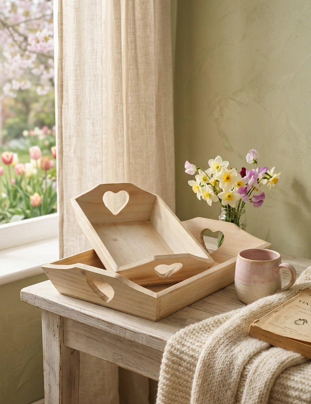 Tablett m. Herzgriffen – in Gruppenarrangement dekoriert