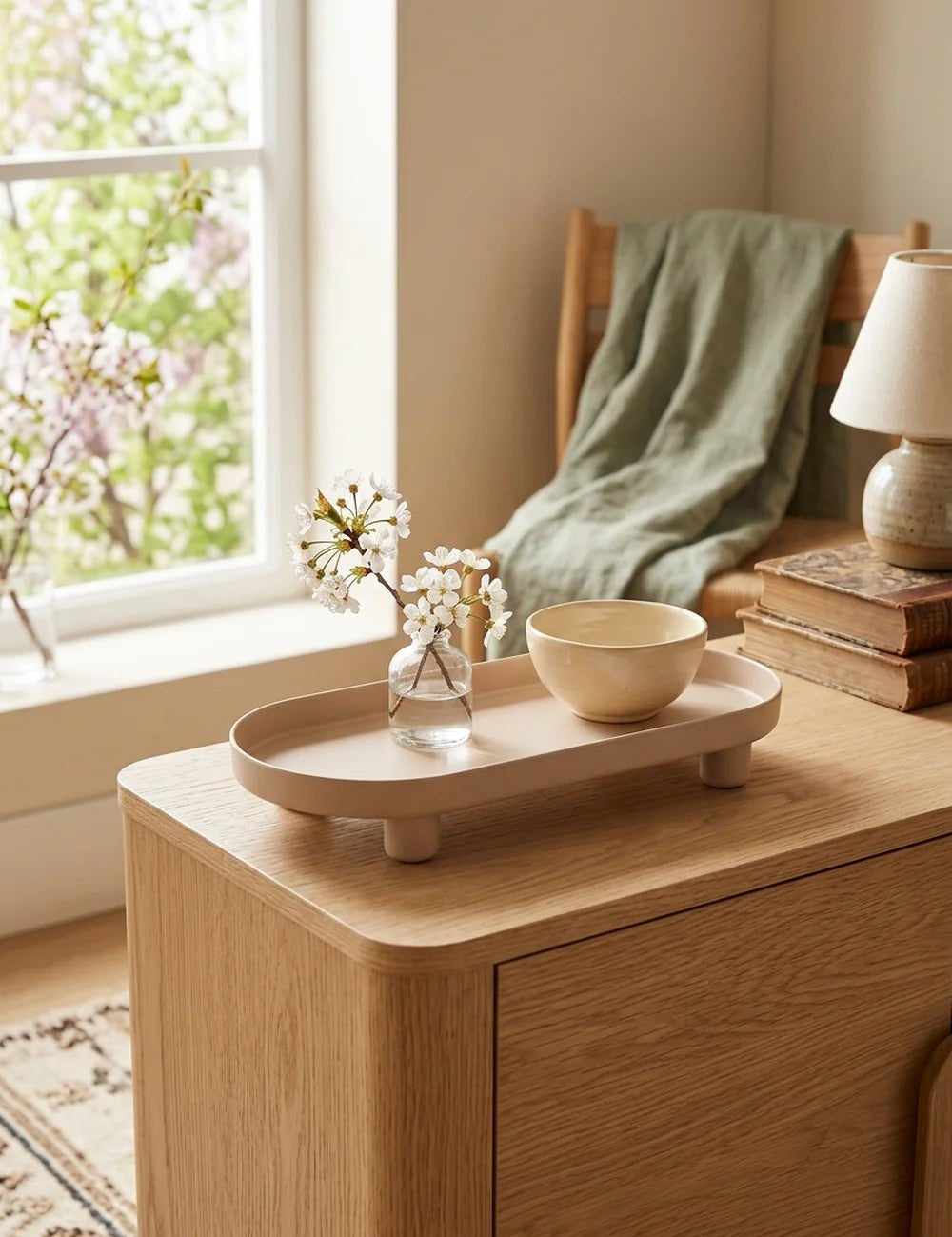 Tablett Manon Beige – dekoriert im Wohnambiente
