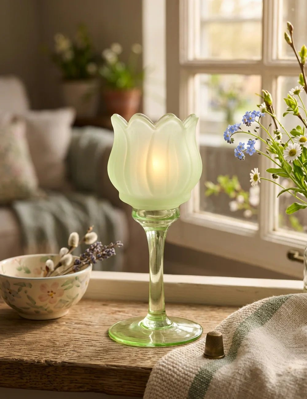 Teelichthalter Tully grün auf Kommode mit Strickdecke und Blumen