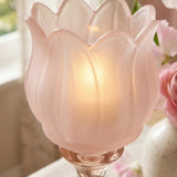 Tully Rosa Glas-Tulpe Nahaufnahme mit Kirschblüten im Hintergrund