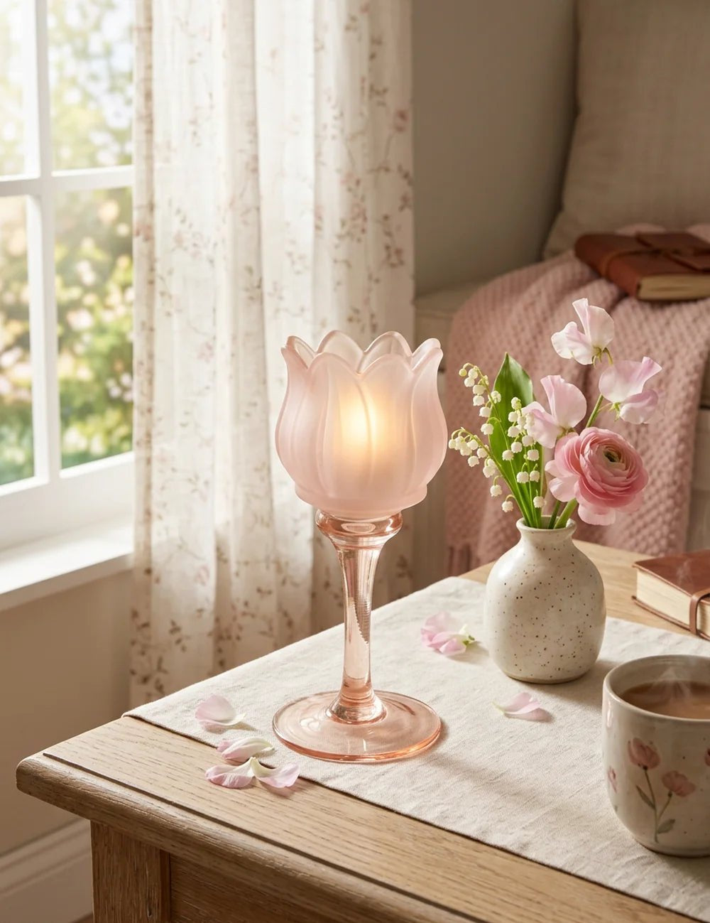 Teelichthalter Tully Rosa auf Holztisch neben Blumenvase und Teetasse
