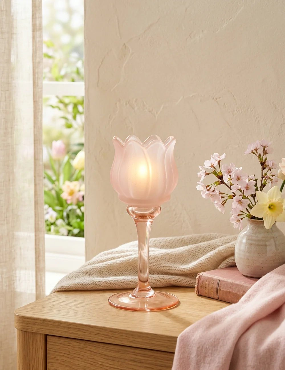 Teelichthalter Tully Rosa auf Kommode mit Strickdecke und Kirschblüten