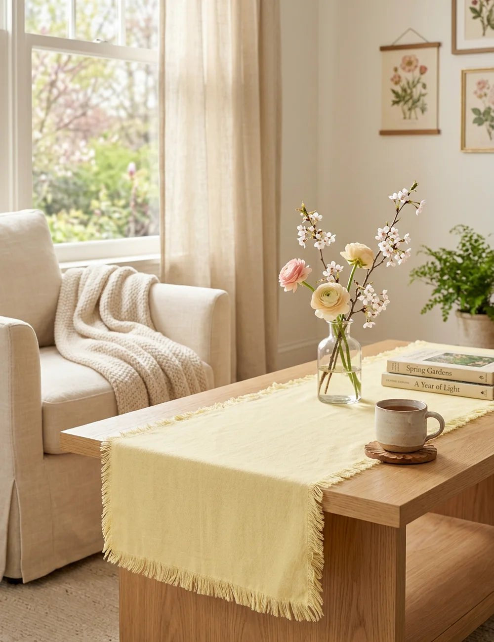 Tischläufer Lenea Hellgelb – dekoriert im Wohnambiente